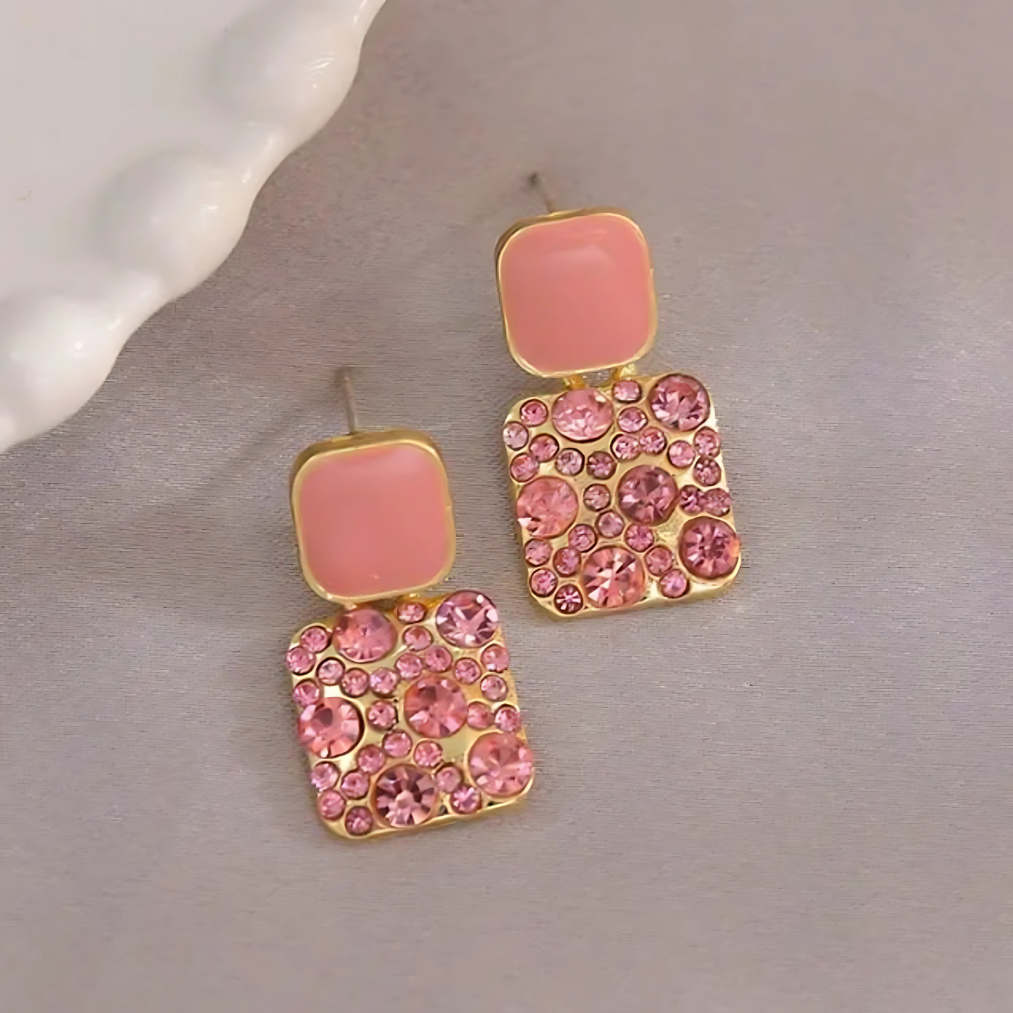 Gold Tone Light Peach Crystal Square Studs