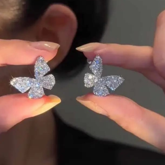 Silver Tone Pave Glitter Butterfly Studs