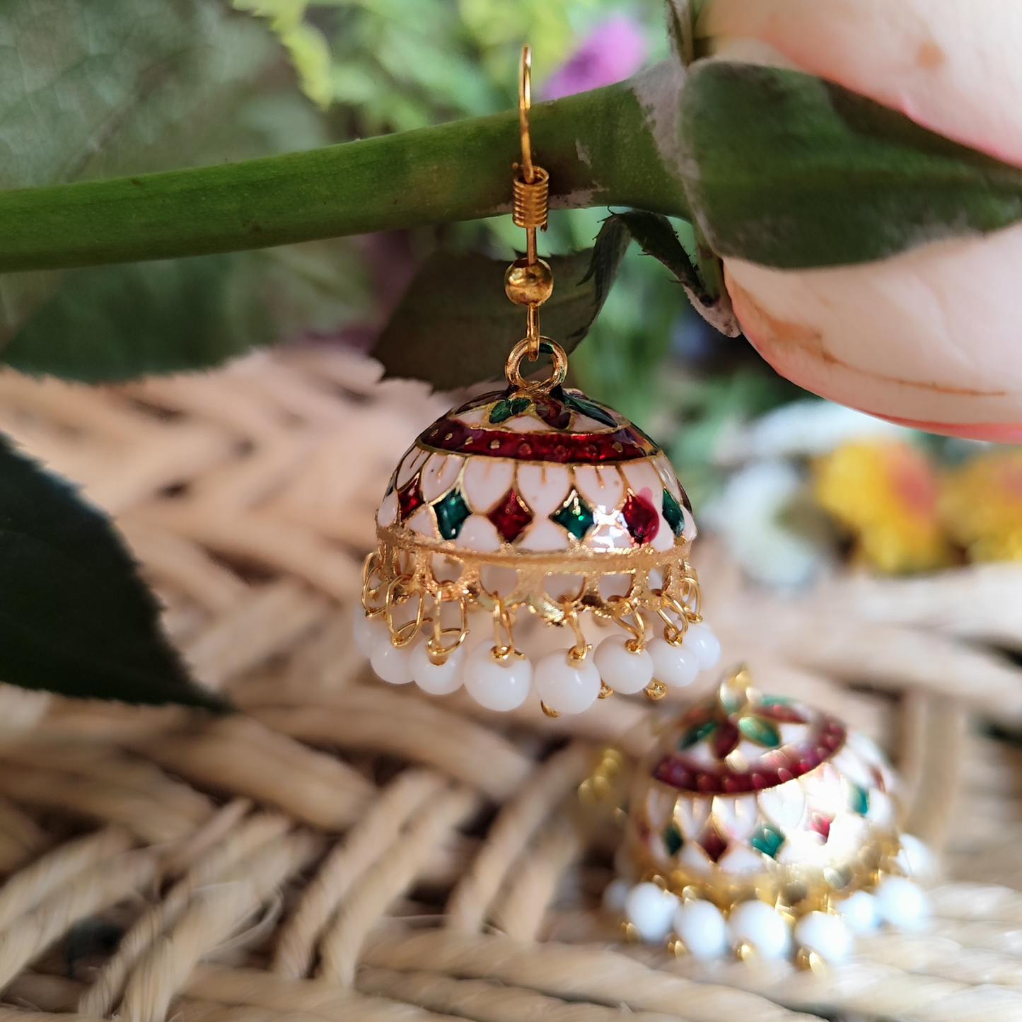 Vibrant Meenakari Jhumki: White, Green, Red for Daily Wear