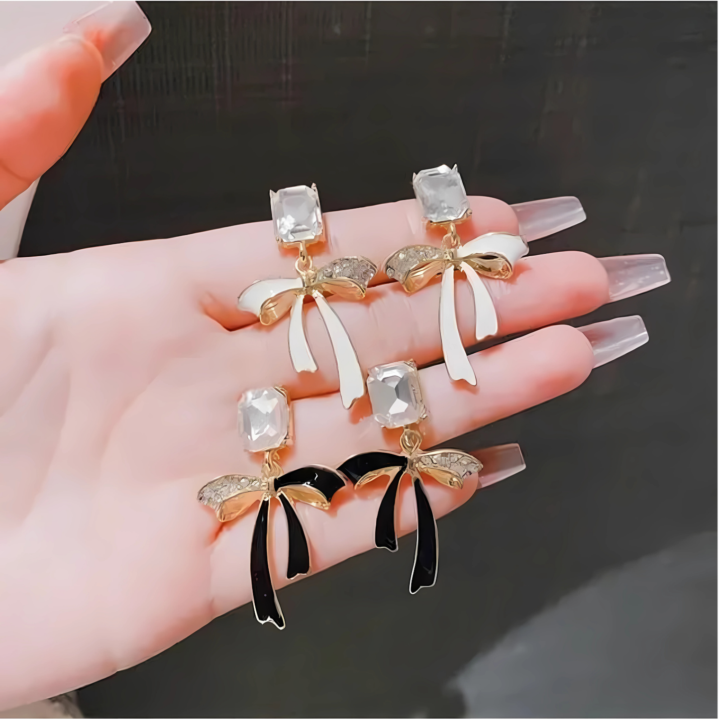 Gold Tone Crystal Bow Black Ribbon Dangles