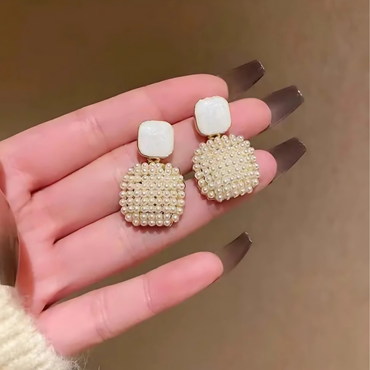White Top Pearl Cluster Square Earrings