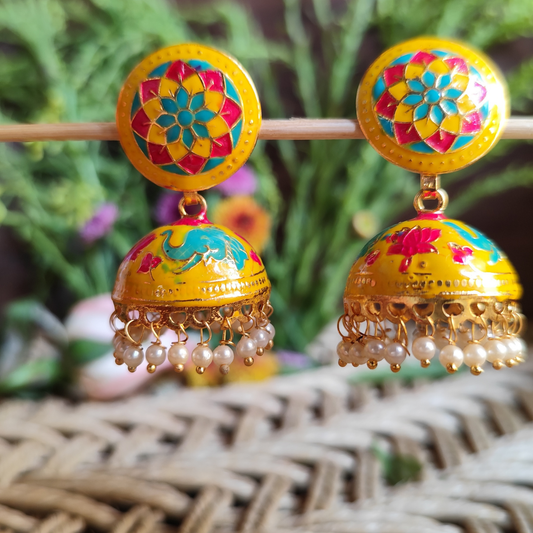 Vibrant Yellow Peacock Meenakari Jhumkas