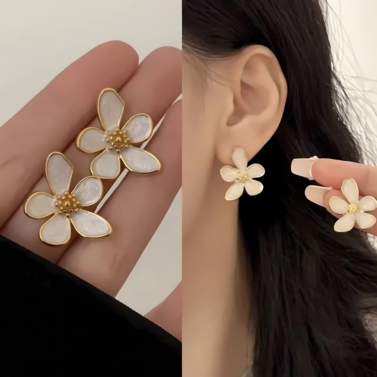 Gold Tone White Petal Flower Studs