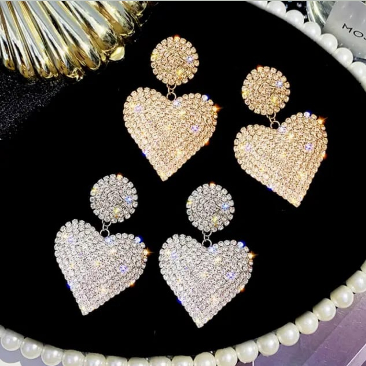 Pave Rhinestone Heart Dangle Earrings