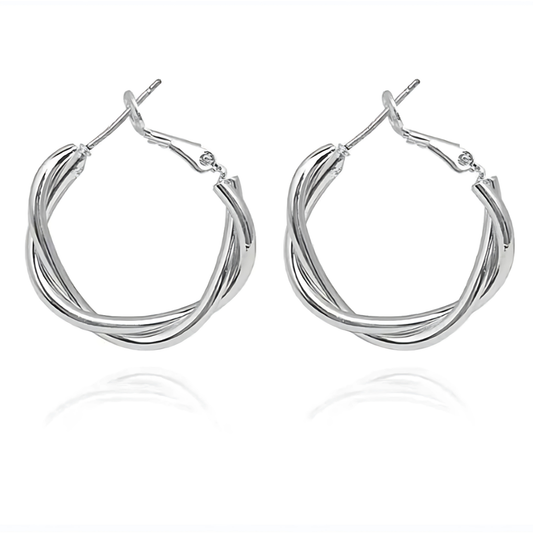 Medium Size Twisted Silver Hoop Earrings