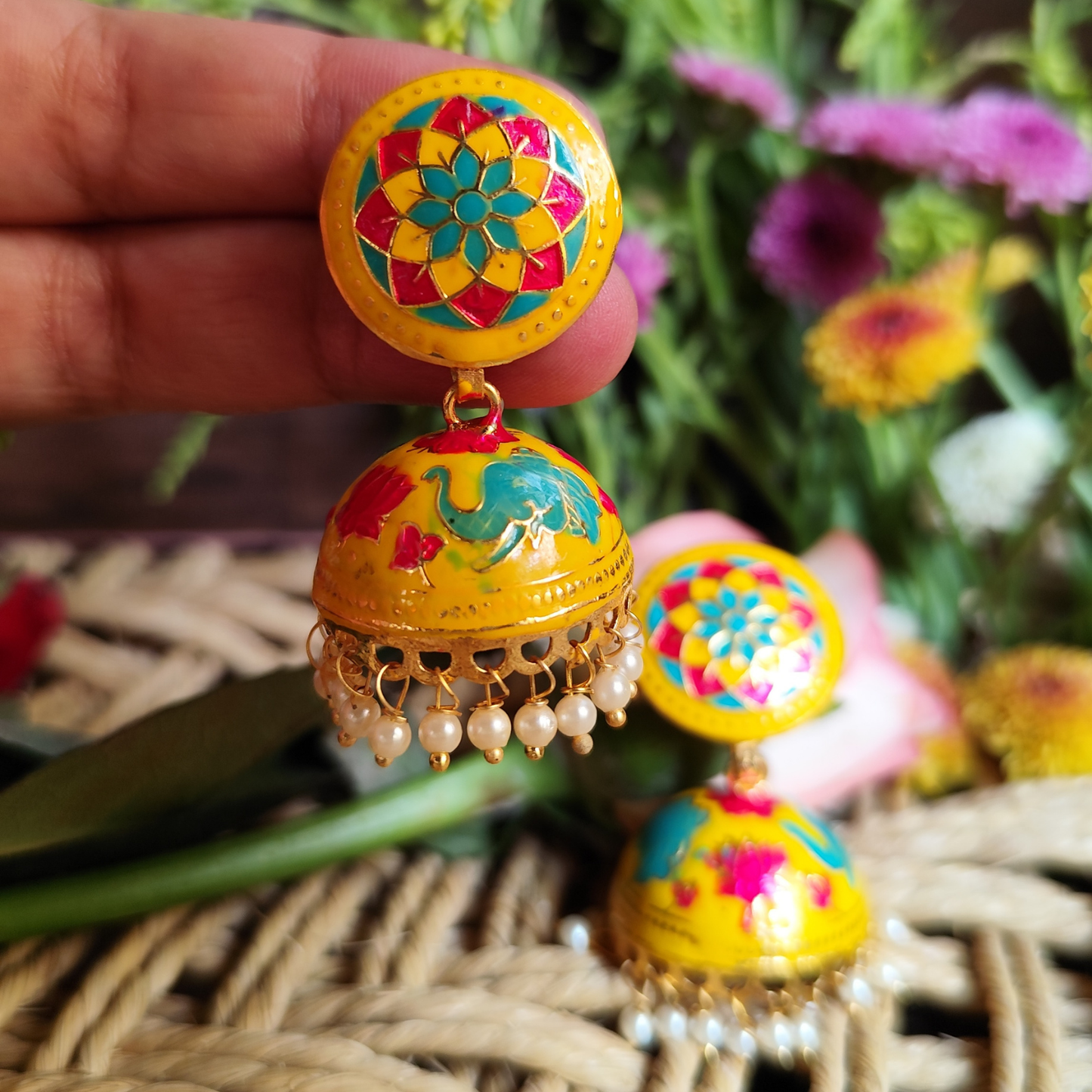 Vibrant Yellow Peacock Meenakari Jhumkas