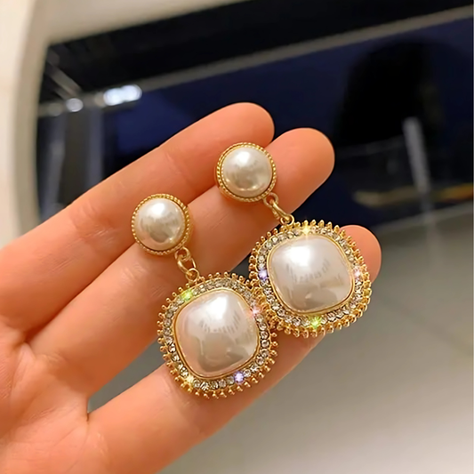 Gold Tone Crystal Trim Square Pearl Dangles
