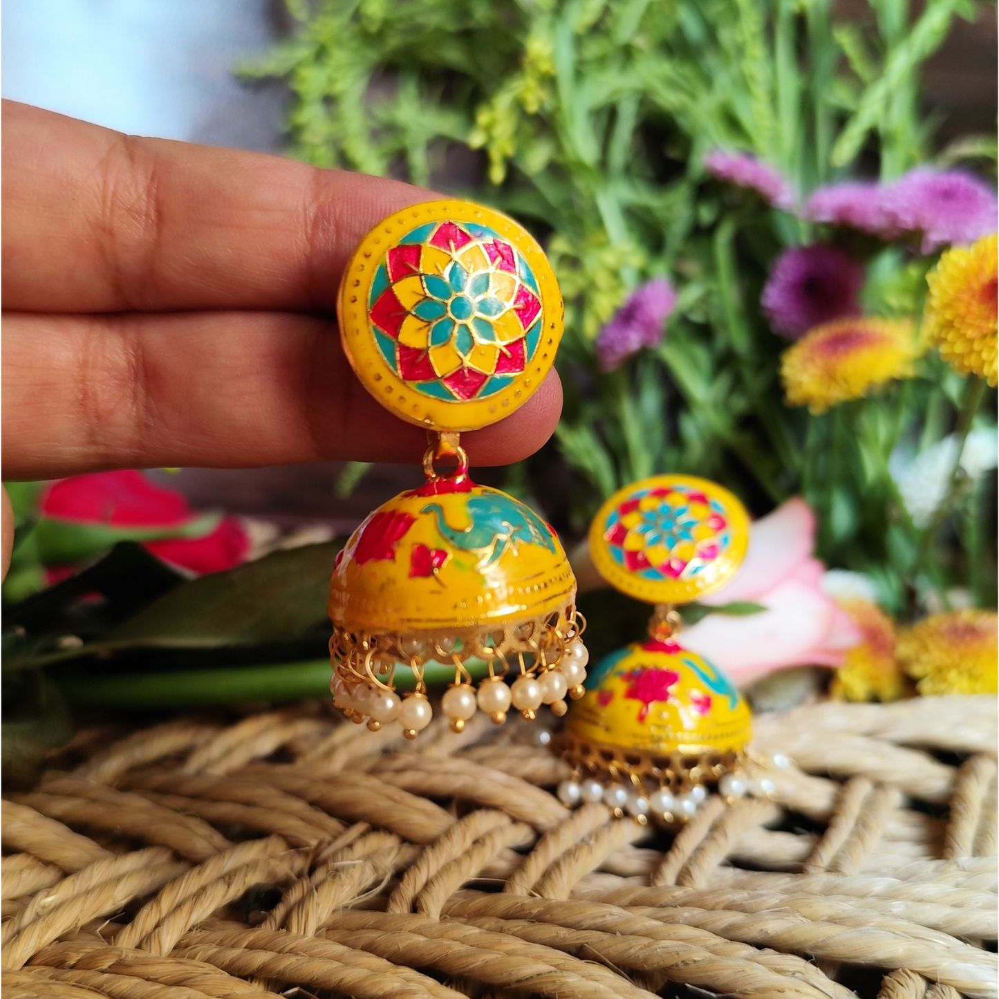 Vibrant Yellow Peacock Meenakari Jhumkas