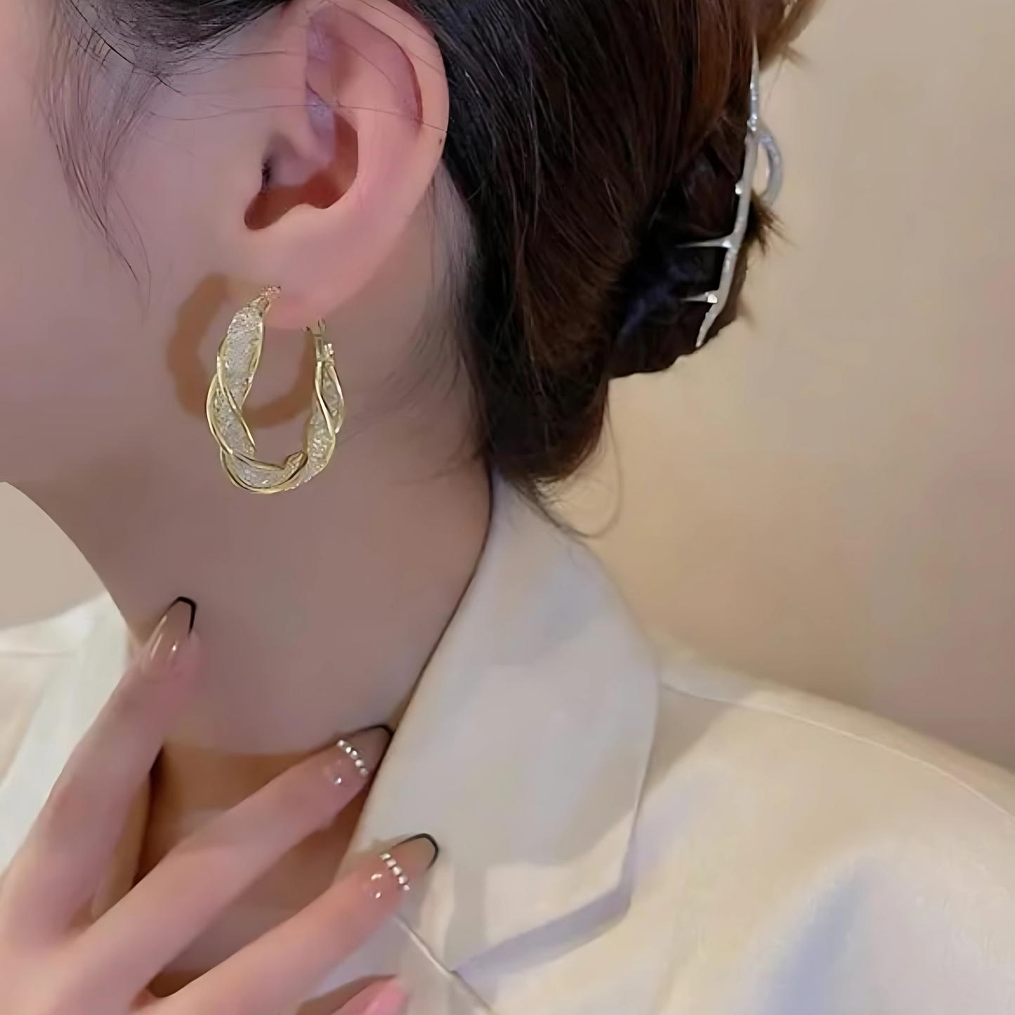 Medium Size Gold Tone Glitter Twisted Textured Hoops