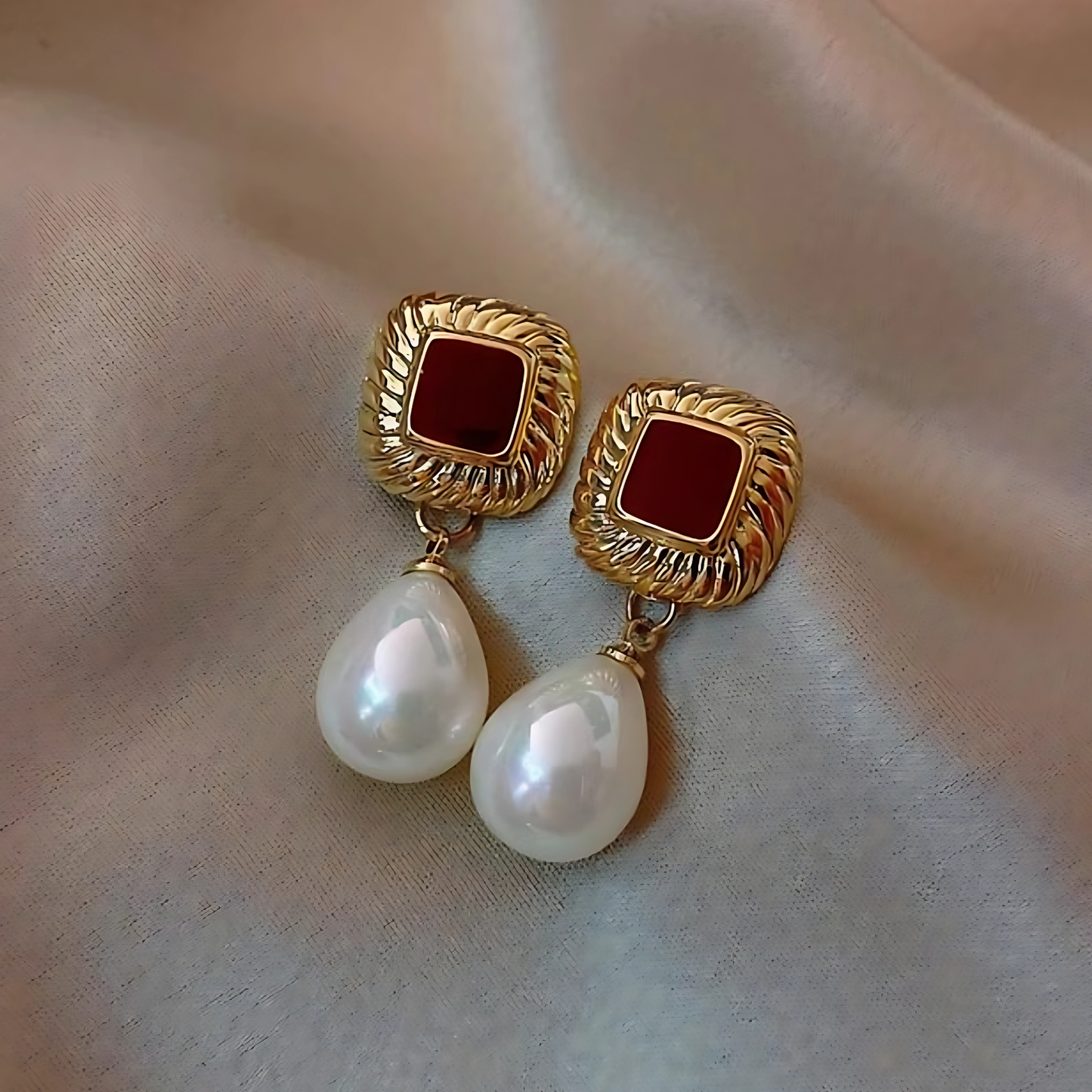 Gold Tone Teardrop Pearl Red Square Dangles