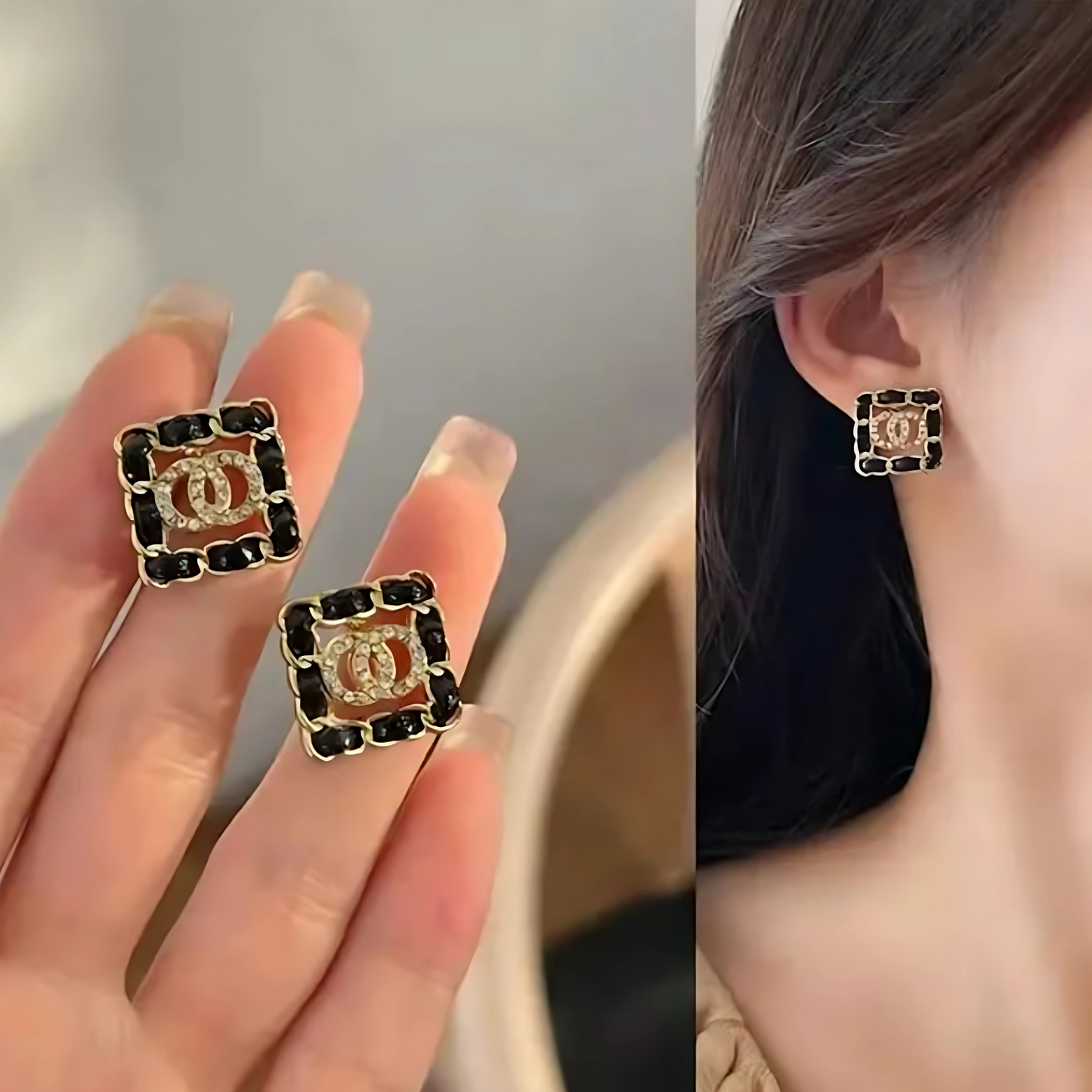 Gold Tone Black Enamel Logo Crystal Square Studs