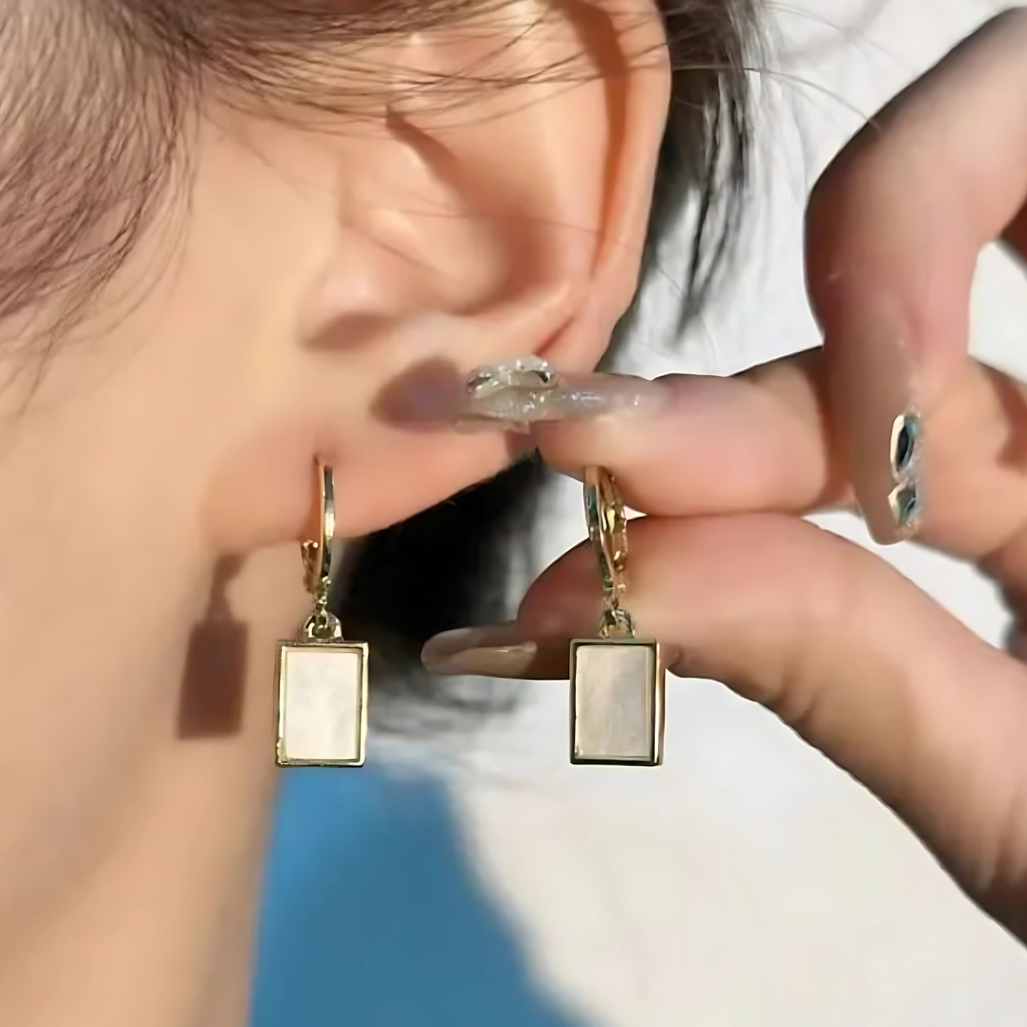 Gold Tone White Inlay Rectangle Dangles