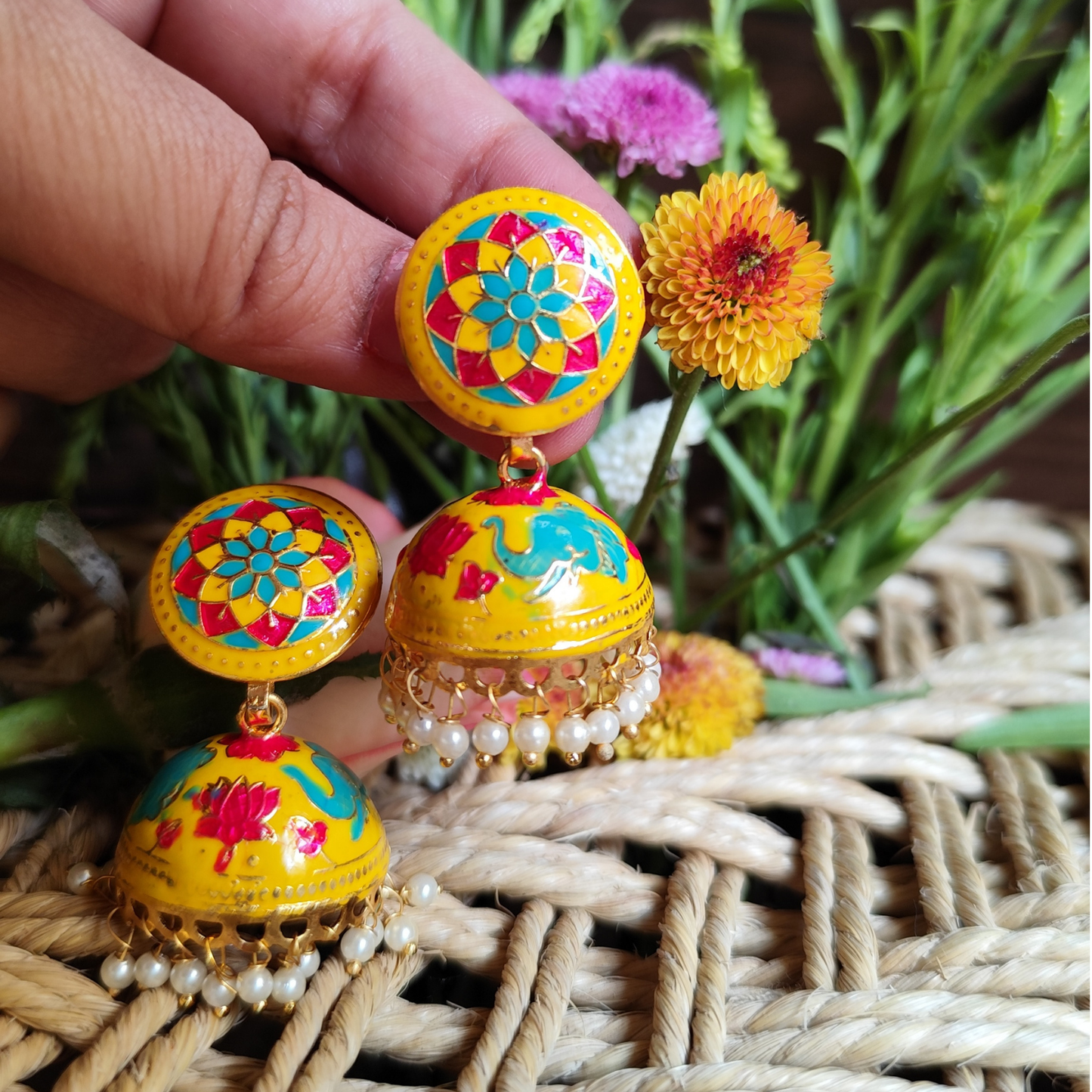 Vibrant Yellow Peacock Meenakari Jhumkas