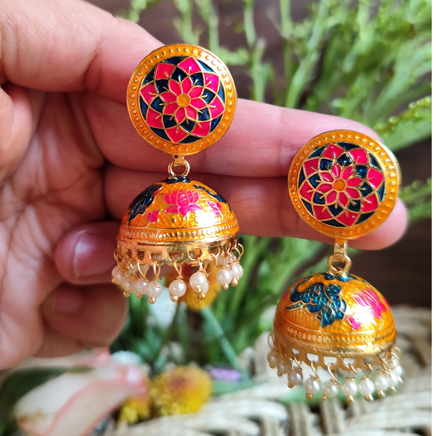Golden Meenakari Jhumki for Traditional and Ethnic look