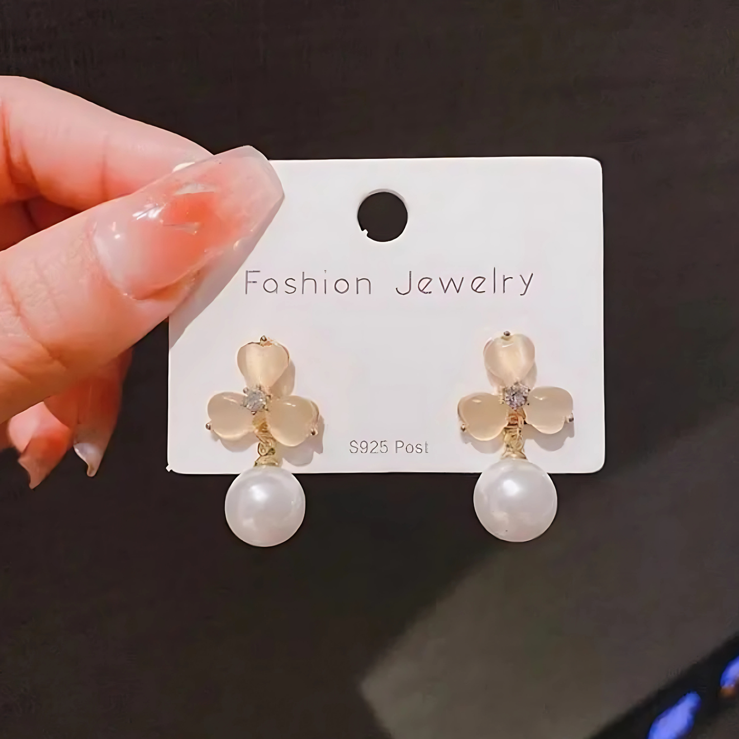 Gold Tone Cream Petal Pearl Dangles