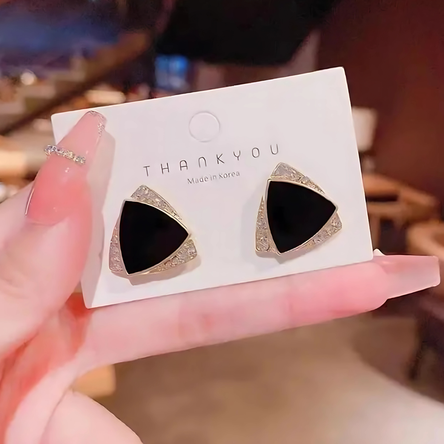 Gold Tone Black Enamel Crystal Triangle Studs