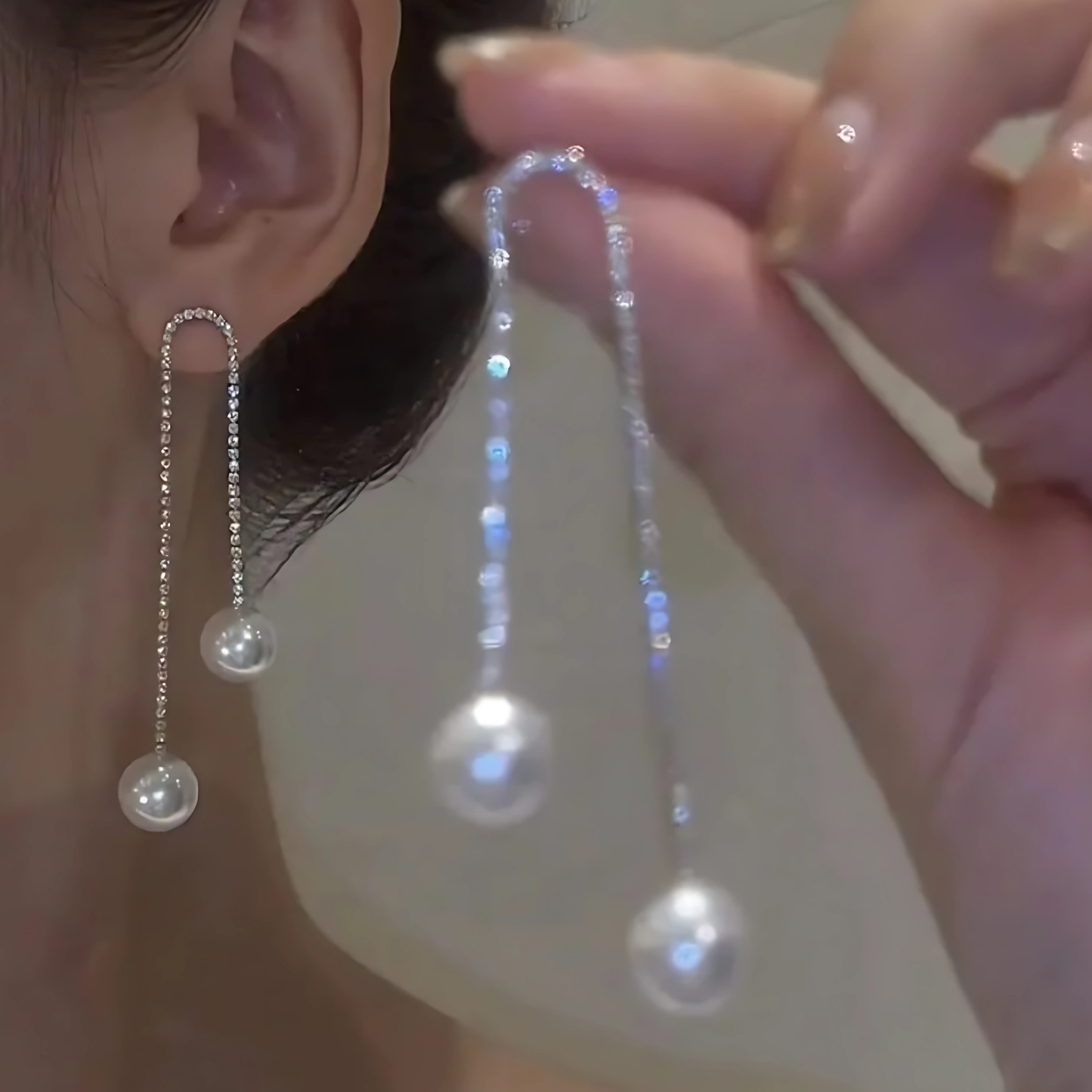 Silver Tone Pave Rhinestone U-Drop Pearl Dangles