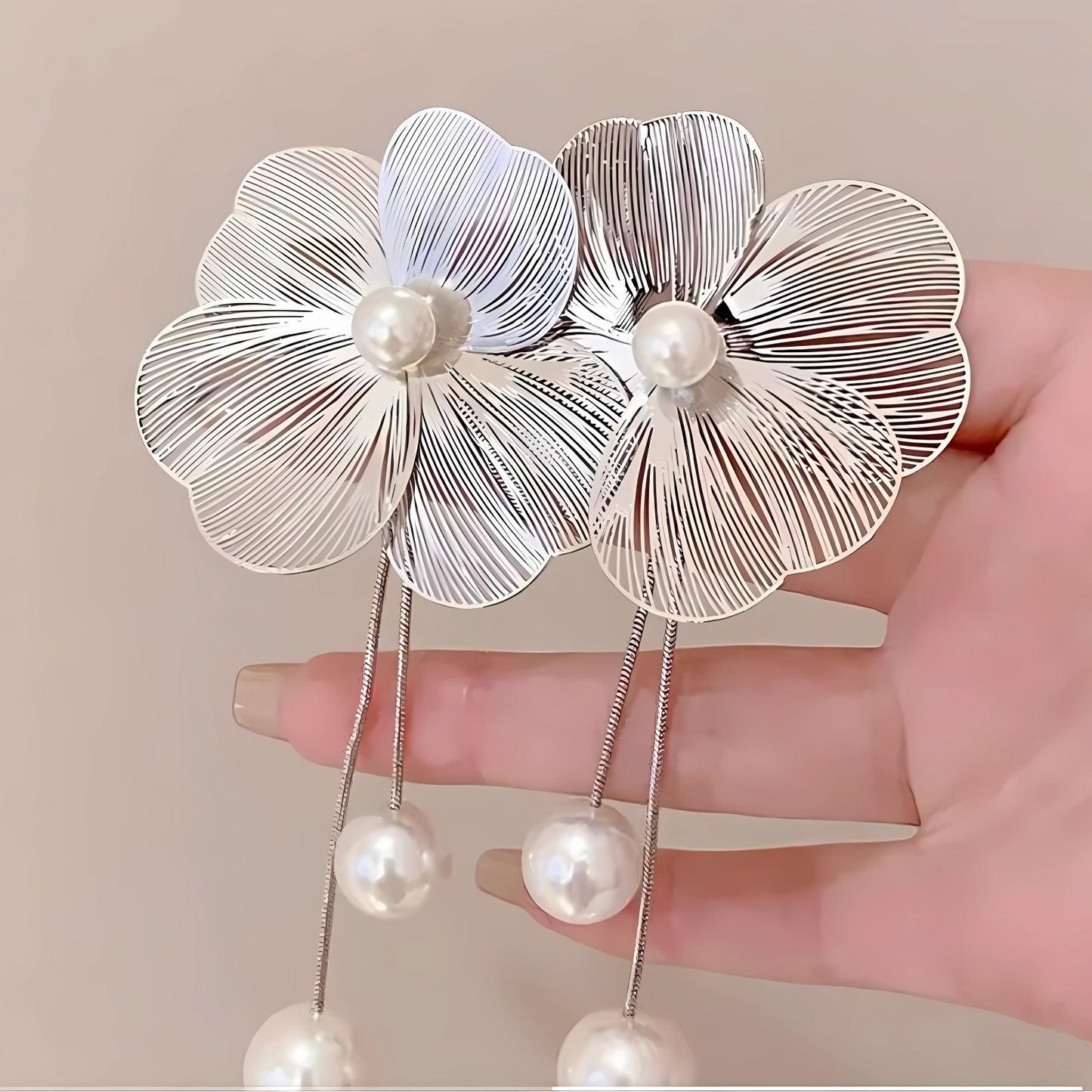 Silver Wire Flower Pearl Earrings
