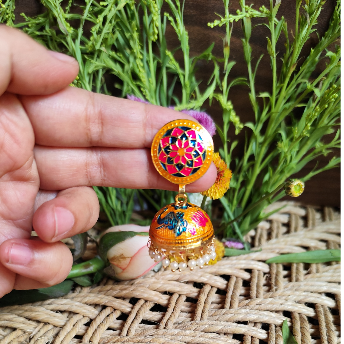 Golden Meenakari Jhumki for Traditional and Ethnic look