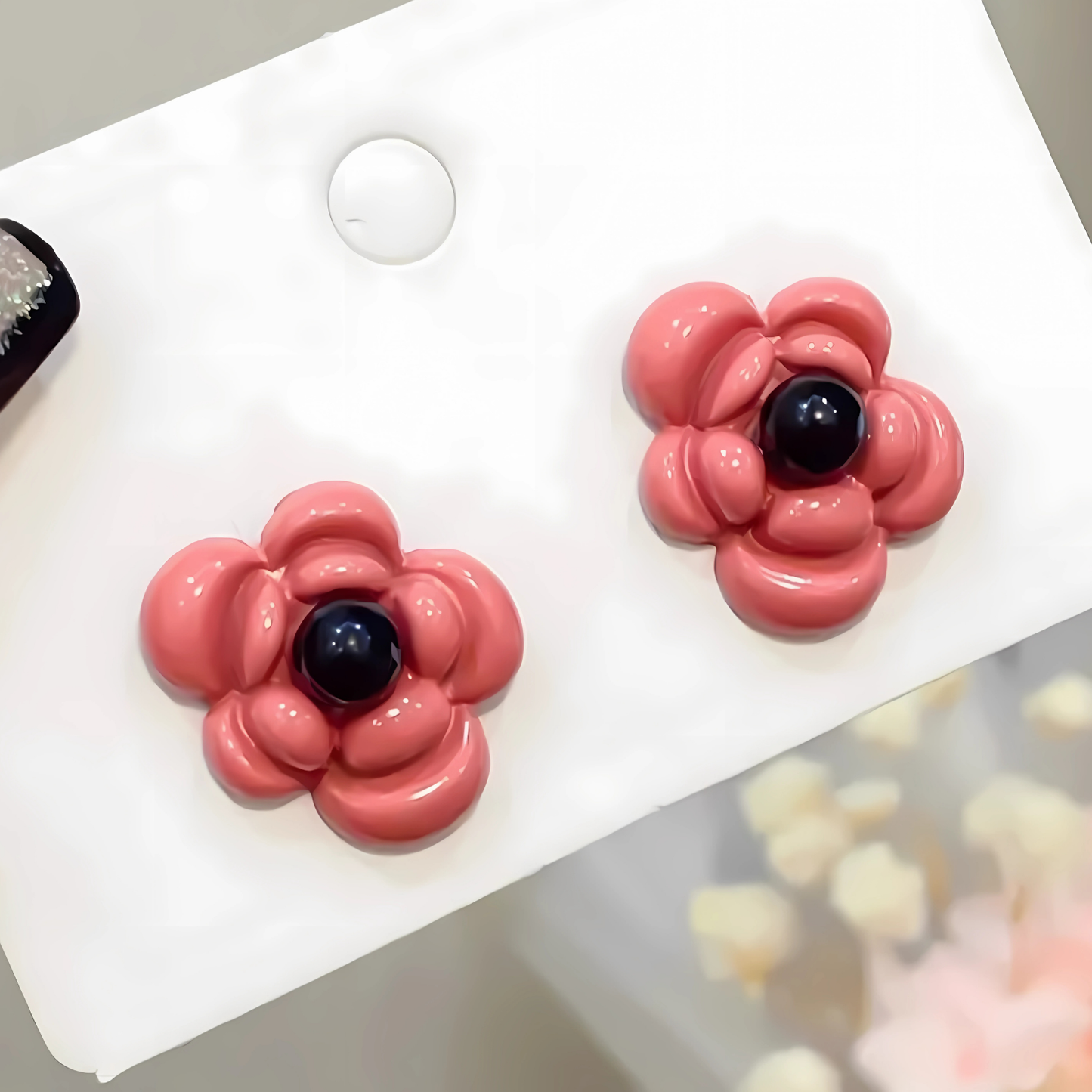 Glossy Pink Black Center Flower Studs