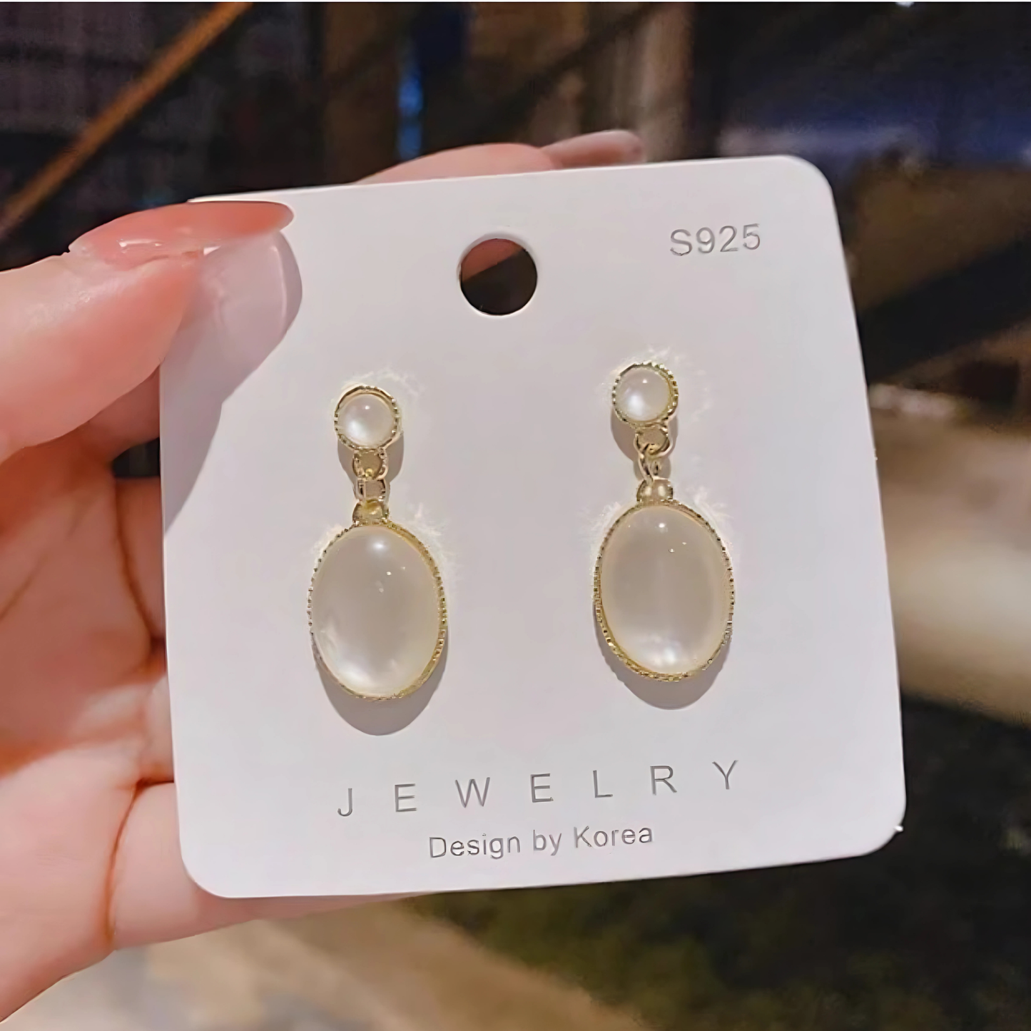 S925 Post Oval Gold Tone White Opalite Oval Dangles