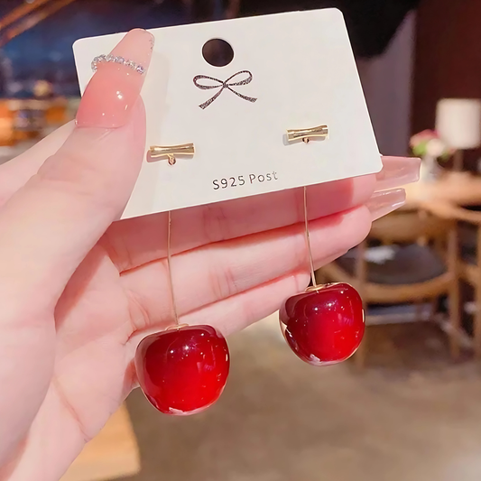 Gold Tone Shiny Red Cherry Dangles