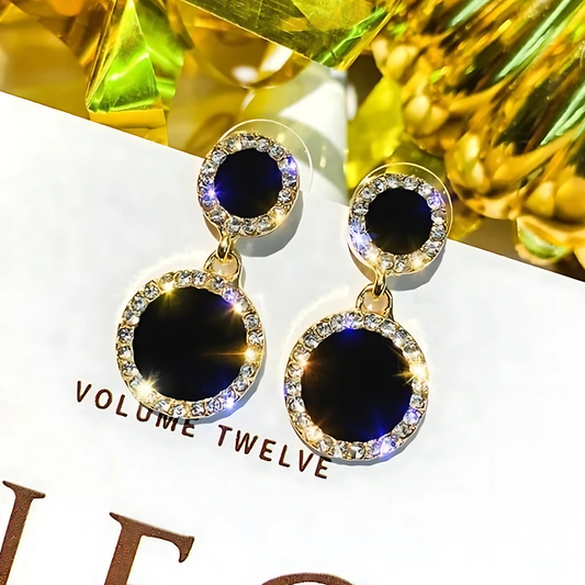 Gold Tone Black Stone Crystal Halo Dangles