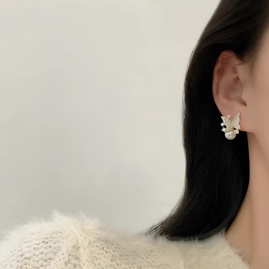 Gold Tone Crystal Butterfly Pearl Studs