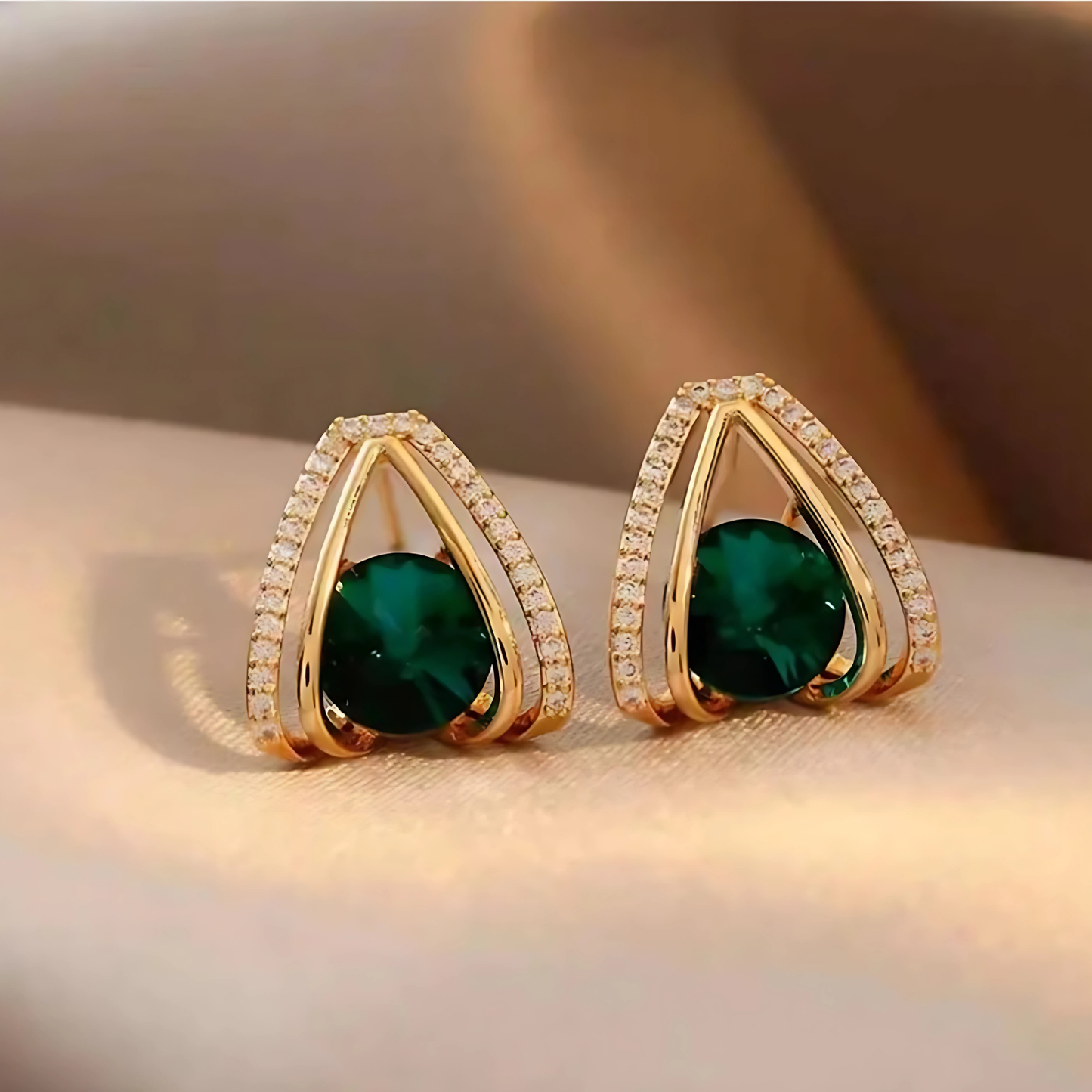 Gold Tone Emerald Green Crystal Triangle Studs