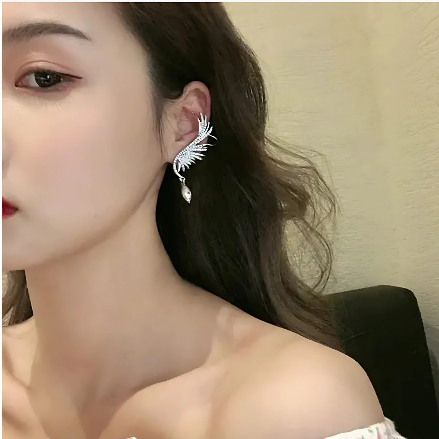 Silver Tone Pave Crystal Wing Pearl Ear Climber