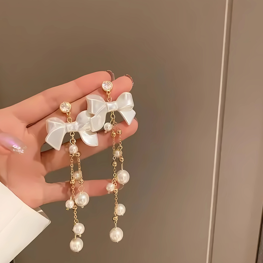 Gold Tone White Bow Pearl Chain Dangles