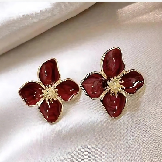 Gold Tone Shiny Red Petal Flower Studs