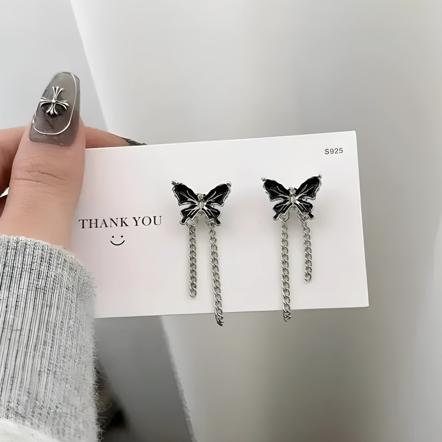 Silver Tone Black Outline Butterfly Chain Dangles