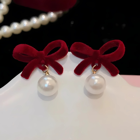 Gold Tone Red Velvet Bow Pearl Dangles