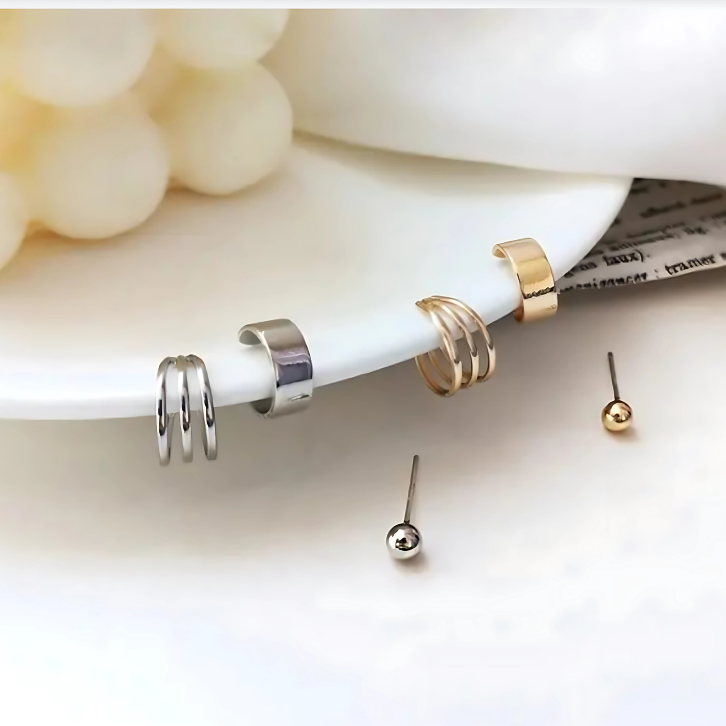 Silver Double Band Ear Cuff Gold Ball Studs