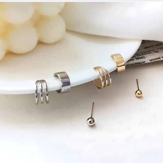 Silver Double Band Ear Cuff Gold Ball Studs