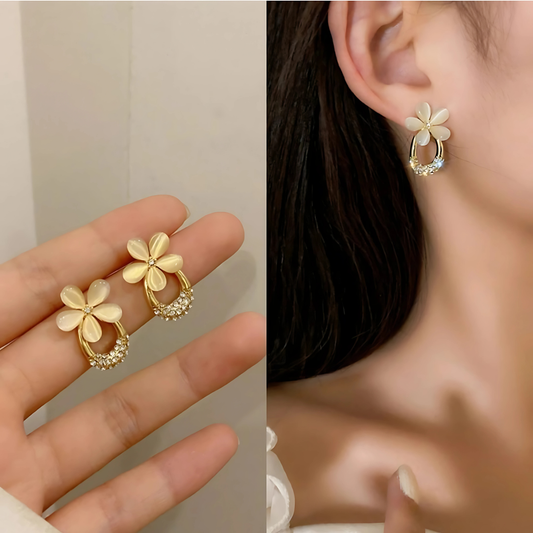 Gold Tone Cream Petal Flower Crystal Hoop Studs