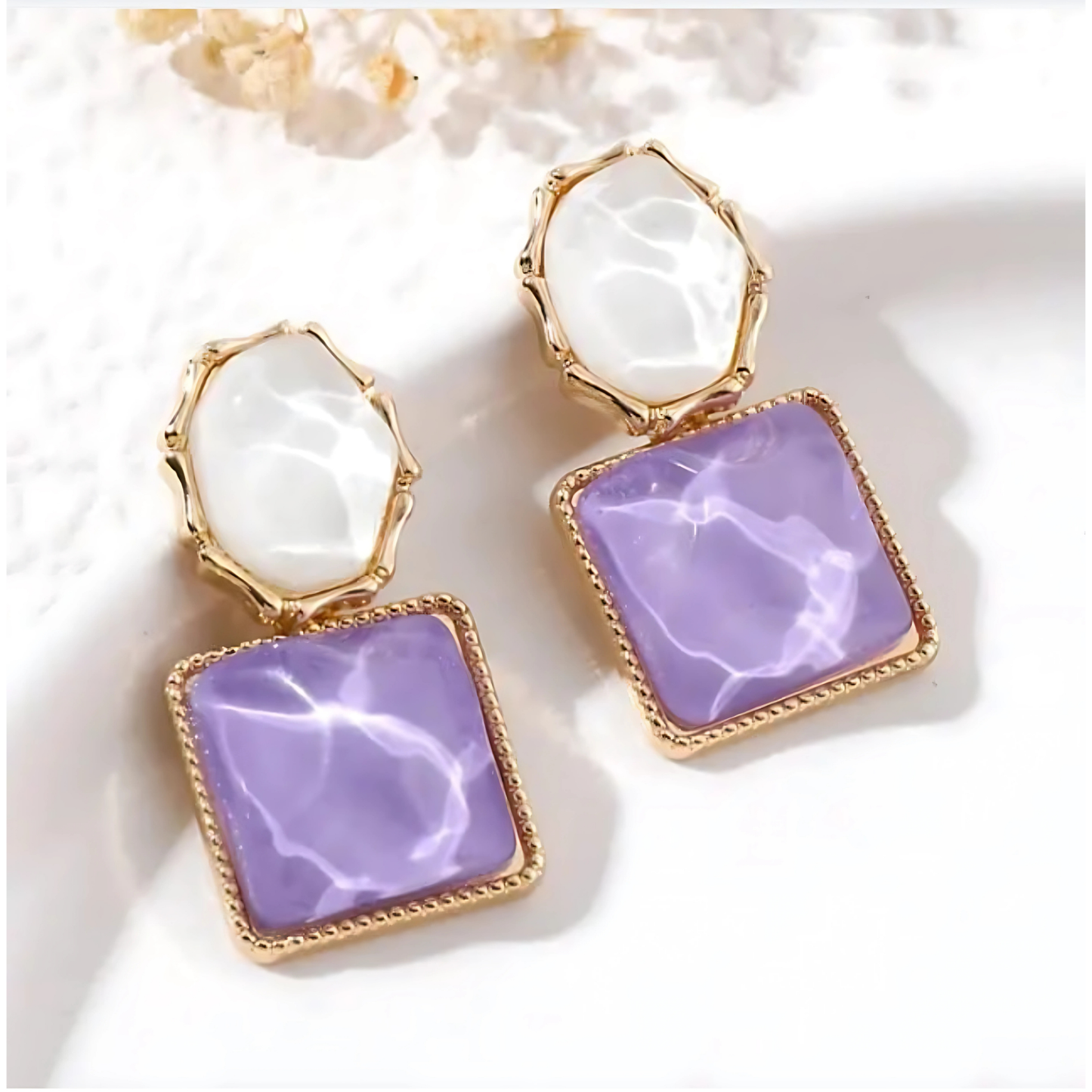 Gold Tone Irregular White Purple Dangles
