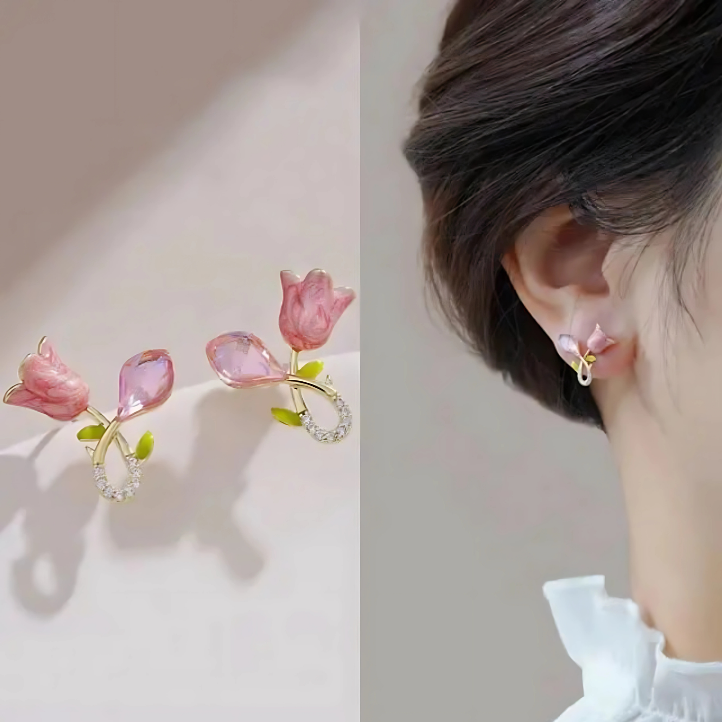 Elegant Pink Tulip Crystal Studs