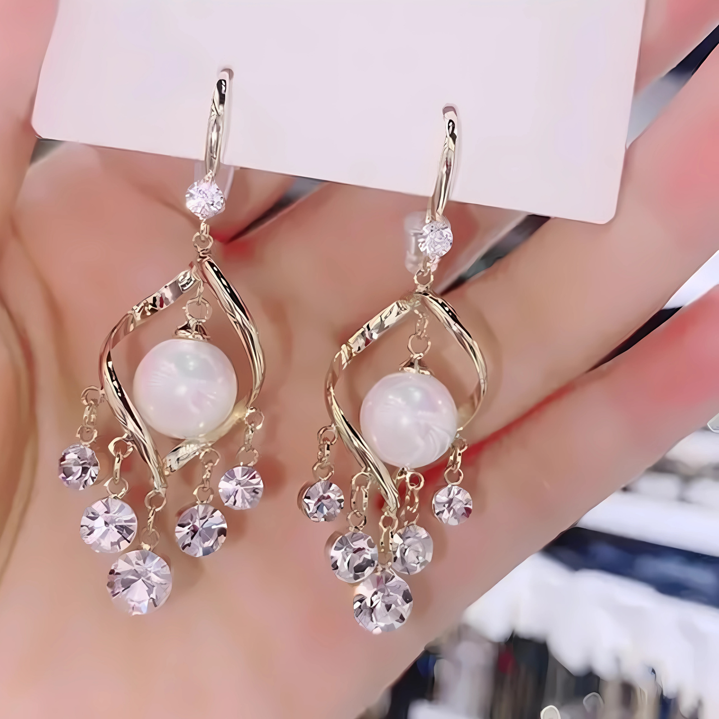 Gold Tone Swirl Pearl Crystal Dangles