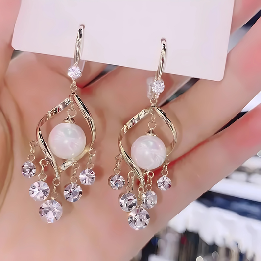 Gold Tone Swirl Pearl Crystal Dangles