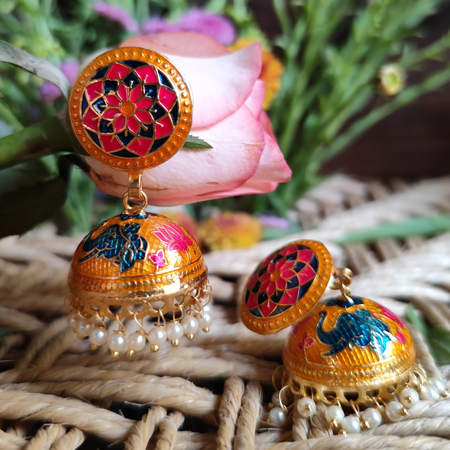 Golden Meenakari Jhumki for Traditional and Ethnic look