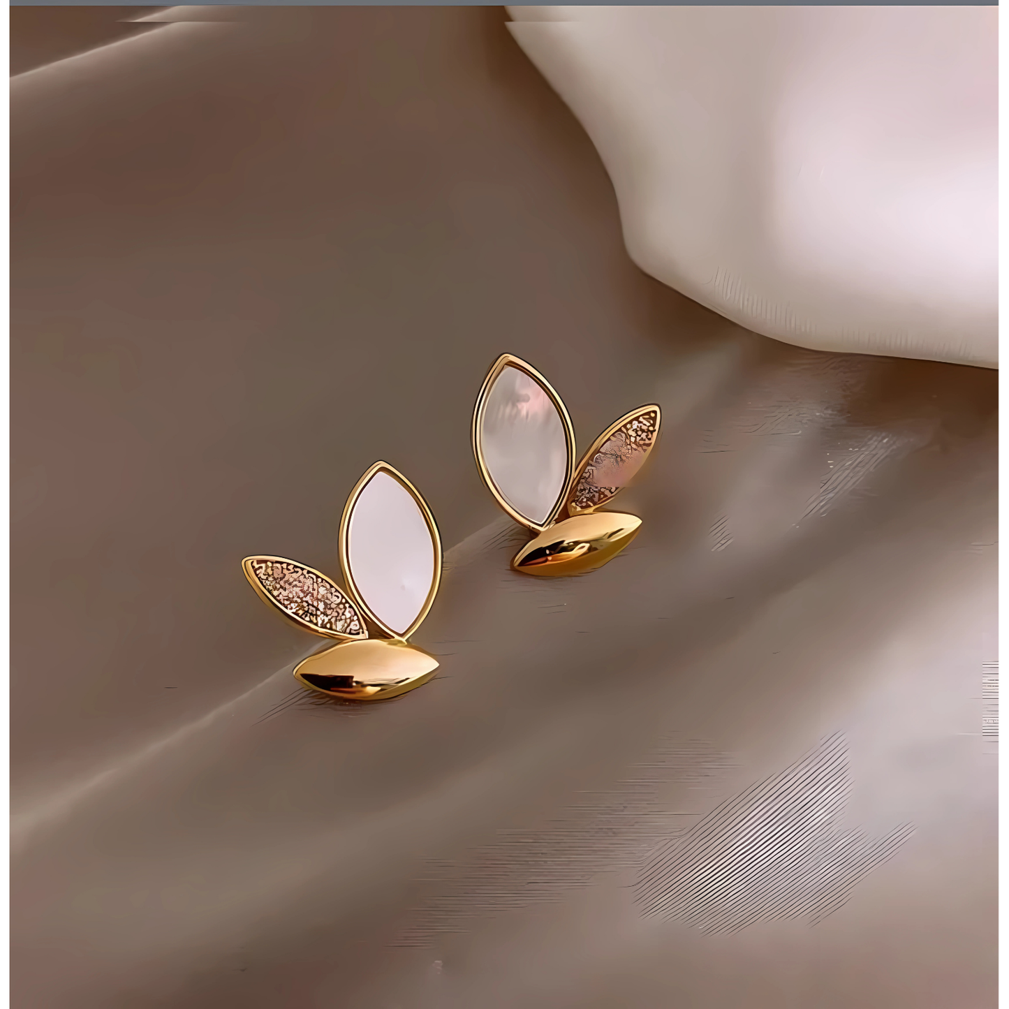 Beautiful Gold Tone White MOP Crystal Leaf Studs