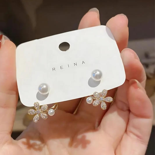 Beautiful Gold Tone Crystal Flower Pearl Studs