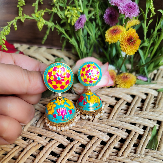 Teal Blue Vibrant Floral Meenakari Jhumki: Ethnic & Modern Flair!