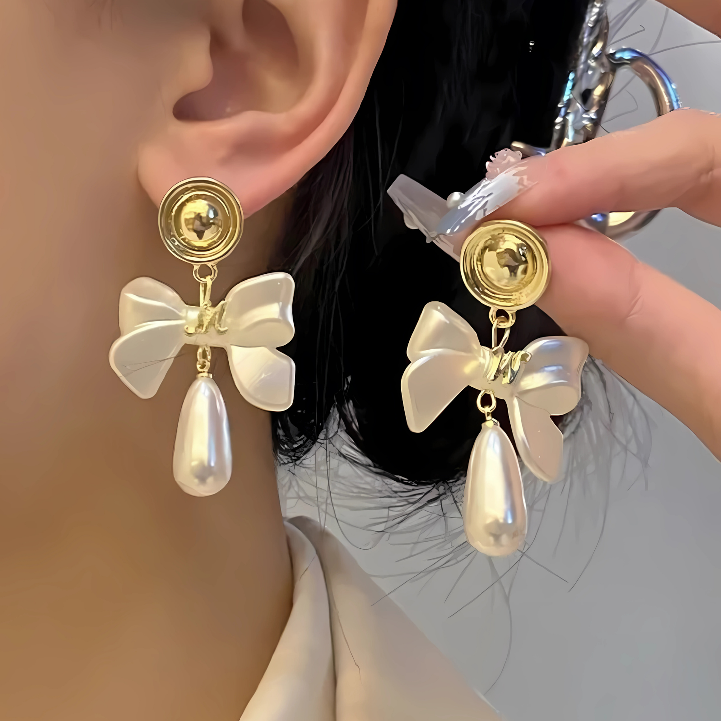 Sparkling Iridescent Bow Teardrop Pearl Dangles