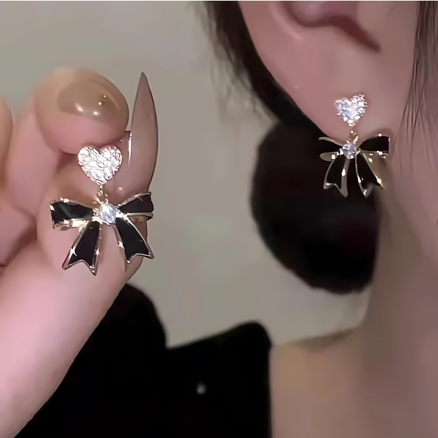 Dazzling Gold Tone Black Enamel Bow Crystal Heart Dangles