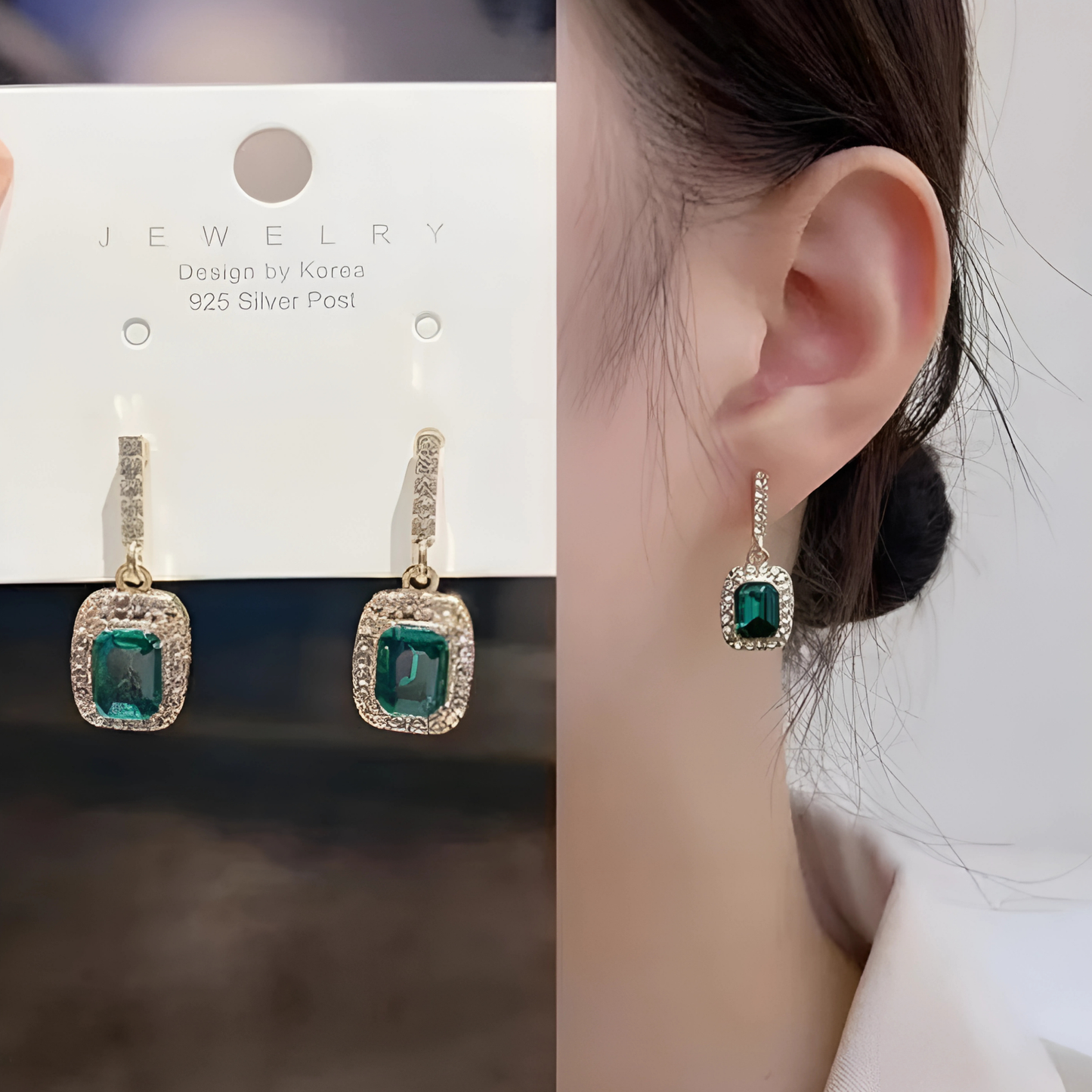 Sparkling Gold Tone Emerald Cut Green Crystal Halo Dangles