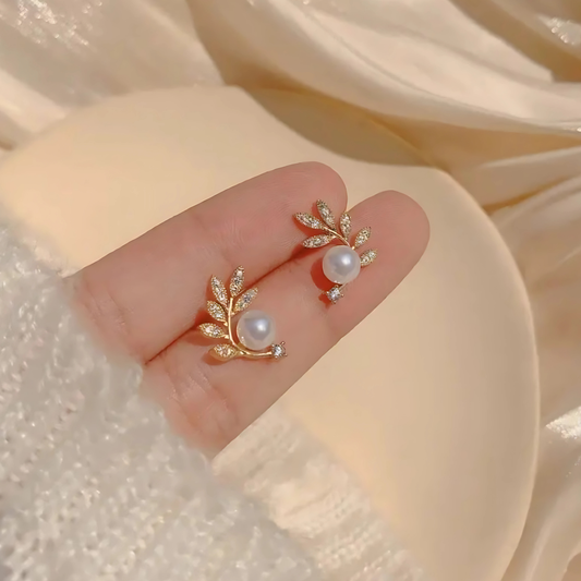 Sizzling Gold Tone Crystal Leaf Pearl Studs