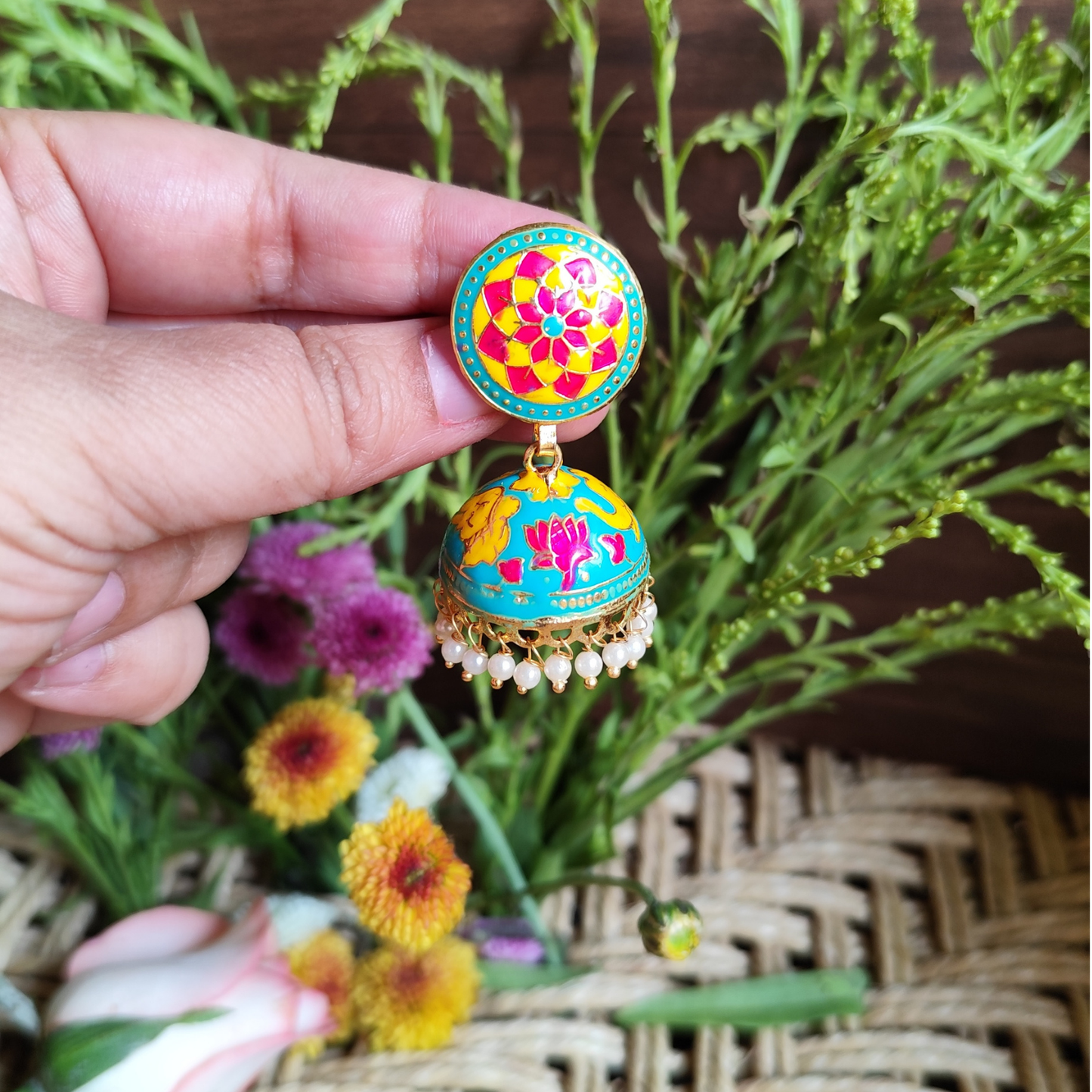 Teal Blue Vibrant Floral Meenakari Jhumki: Ethnic & Modern Flair!